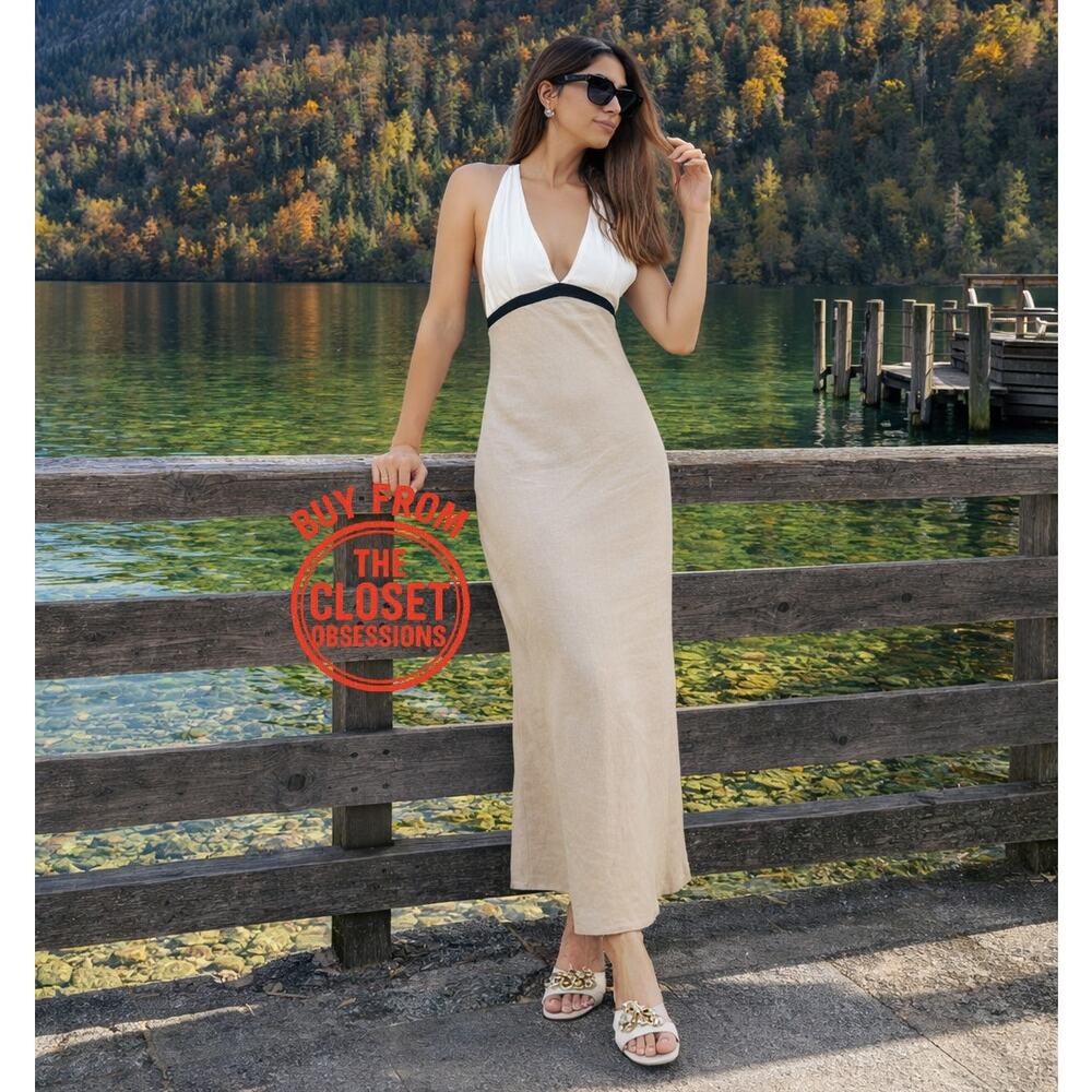 Zara Linen Open Back Midi Dress Tan Neutral Chic Resort Vacation Size M NWT